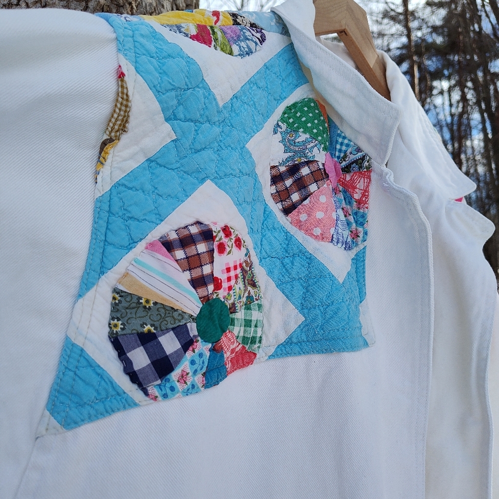White Quilted Duster Jacket Upcycled Patchwork KAS Originals 80s Cotton One Size - Picture 6 of 16